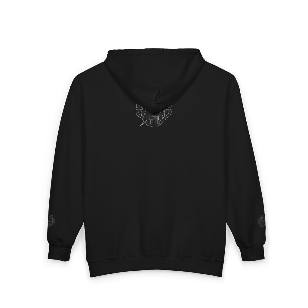 Full-Zip Hoodie with Minimalist Celtic Knot Logo — Black Zip-Up Sweatshirt