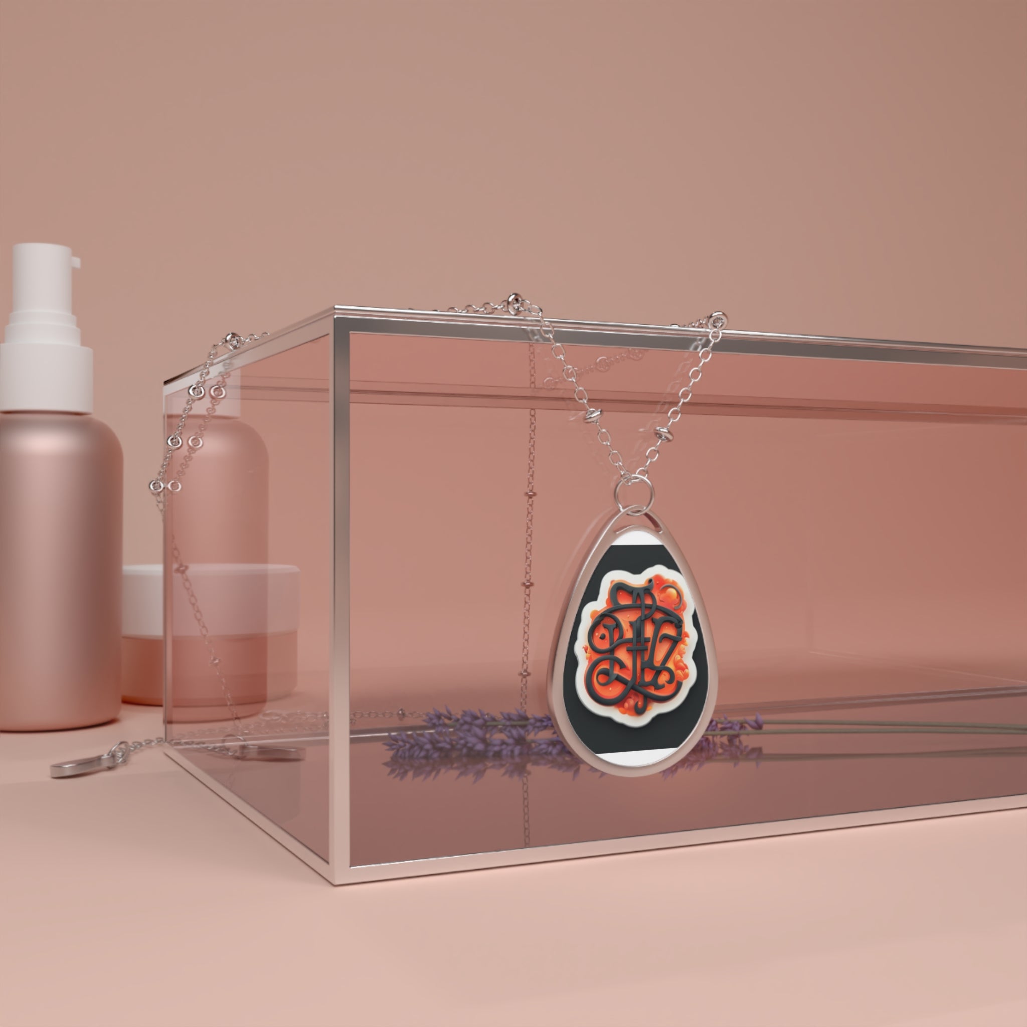 Oval Pendant Necklace — Gothic Orange Monogram Teardrop Necklace